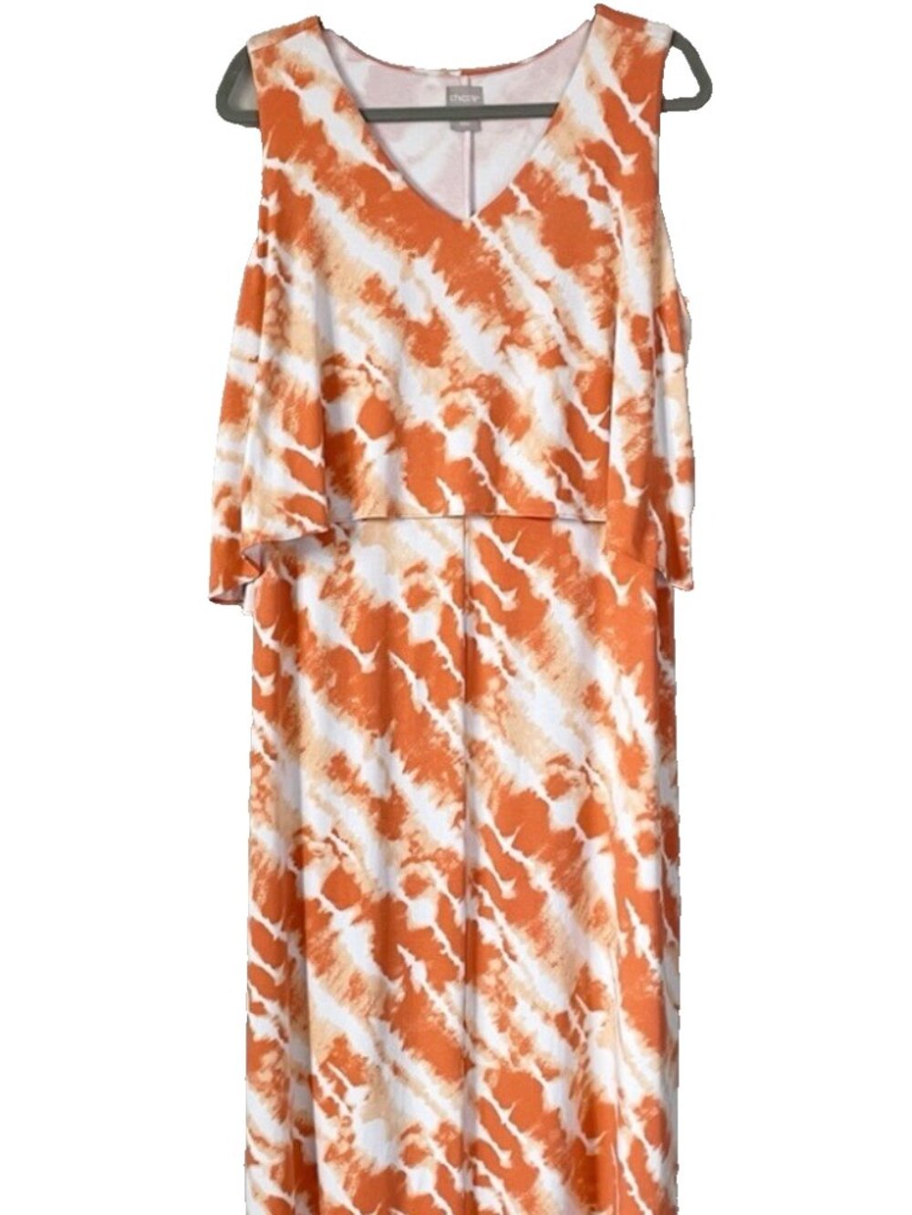 Chico's Sleeveless Overlay V-Neck Knit Maxi Dress Orange White Tie-Dye Pattern